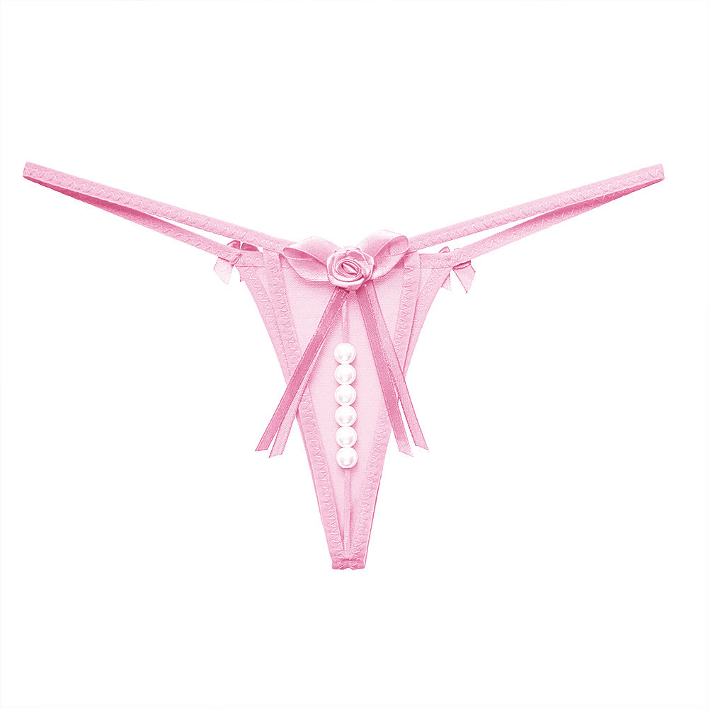 Lace-Trimmed T-Back Panties with Pearl Massage Details