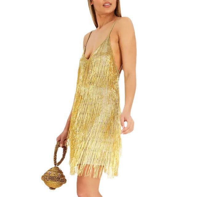 Multicolor Fringed Low Cut V Neck Backless Dress